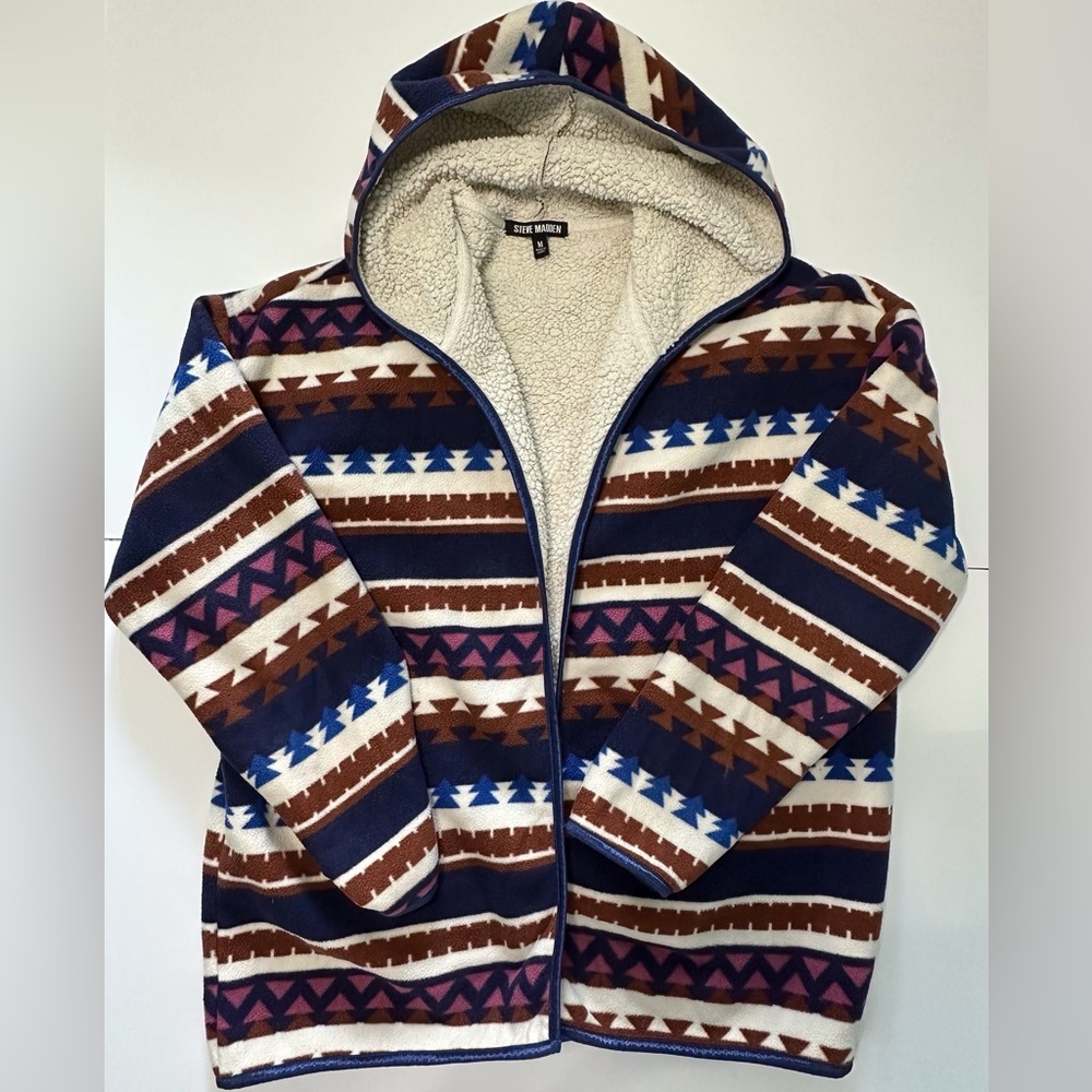 Steve Madden Aztec Print Multicolor Hooded Open Sherpa Sweater Women’s Medium